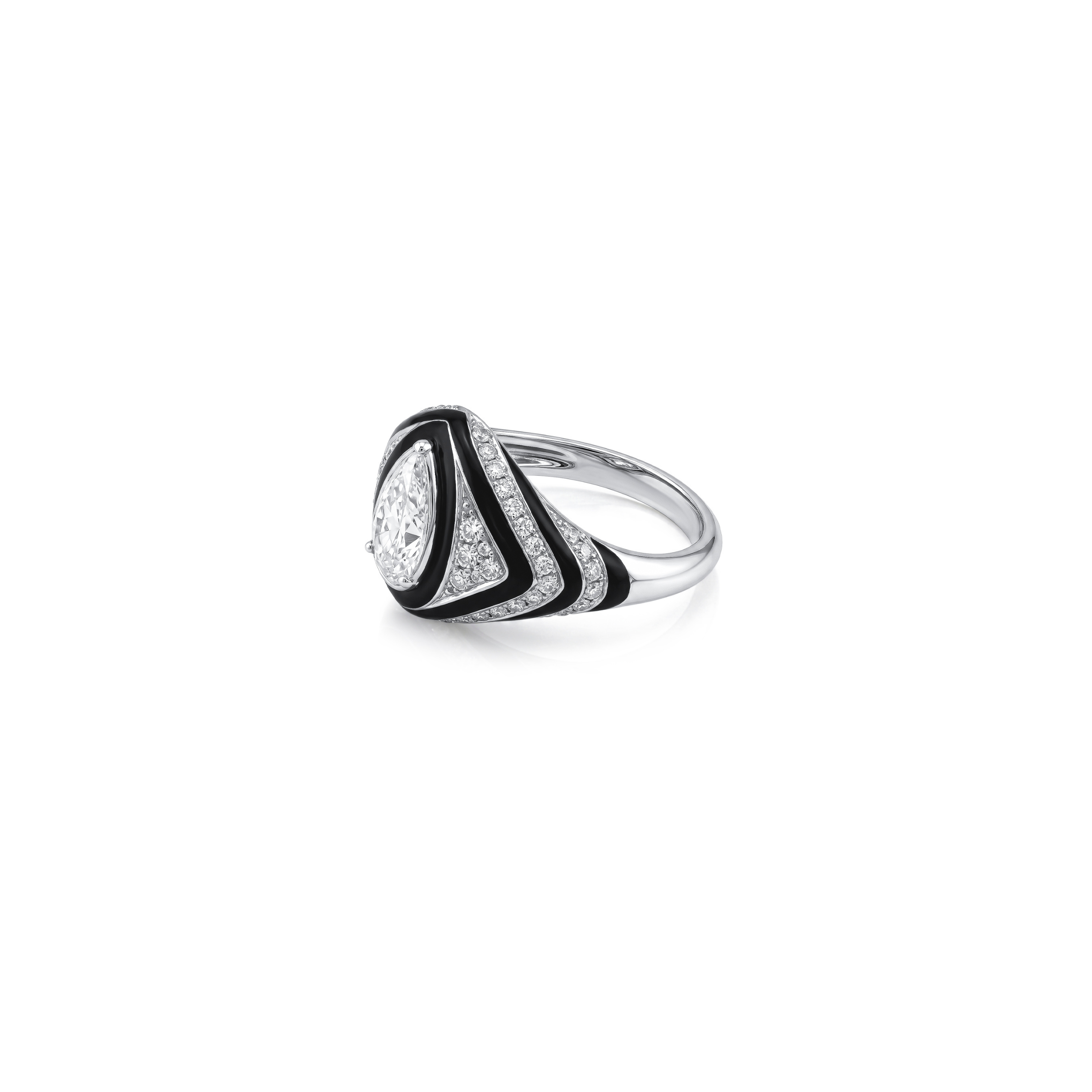 Pear Cut Diamond Ring with Black Enamel