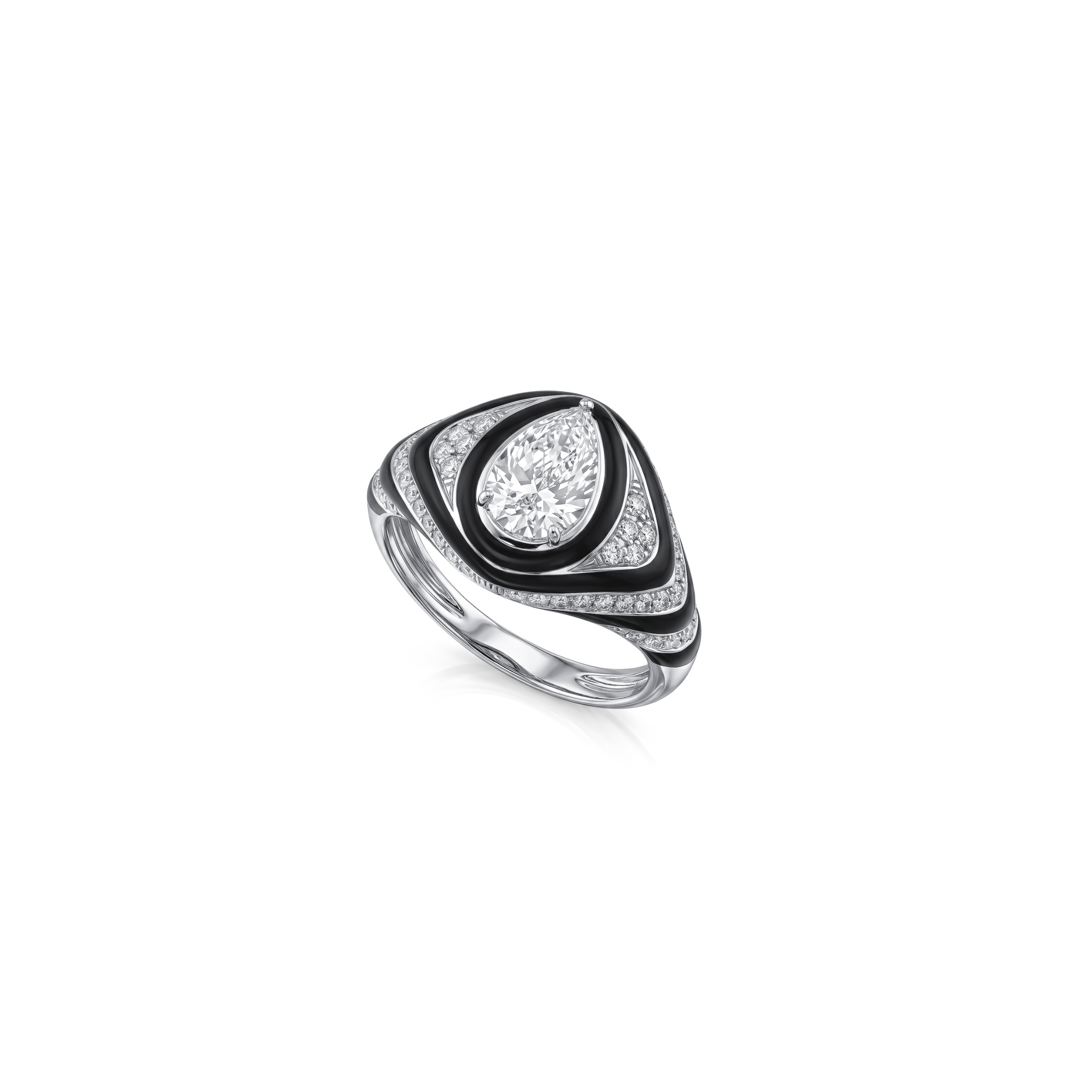 Pear Cut Diamond Ring with Black Enamel