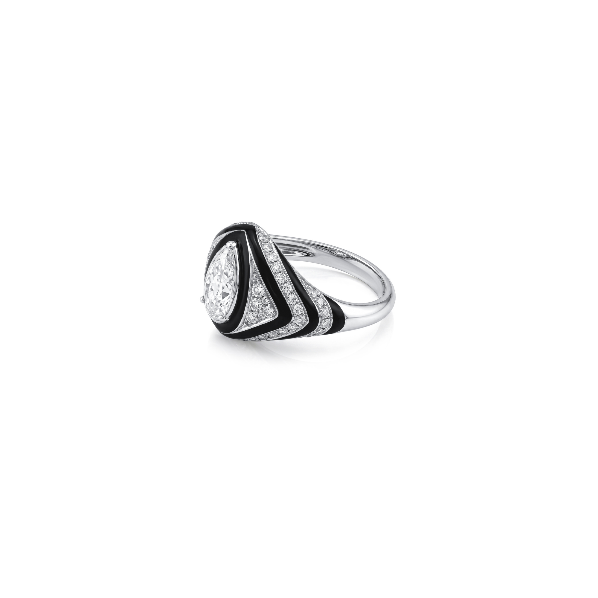 Pear Cut Diamond Ring with Black Enamel